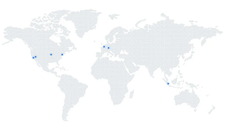 World Map with our Hosting Server Locations in USA (Las Vegas), USA (New York), EU (Luxembourg), UK (London) and Asia (Singapore).